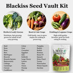 Blackiss Seed Vault Kit info panel with crop category circles and seed list
