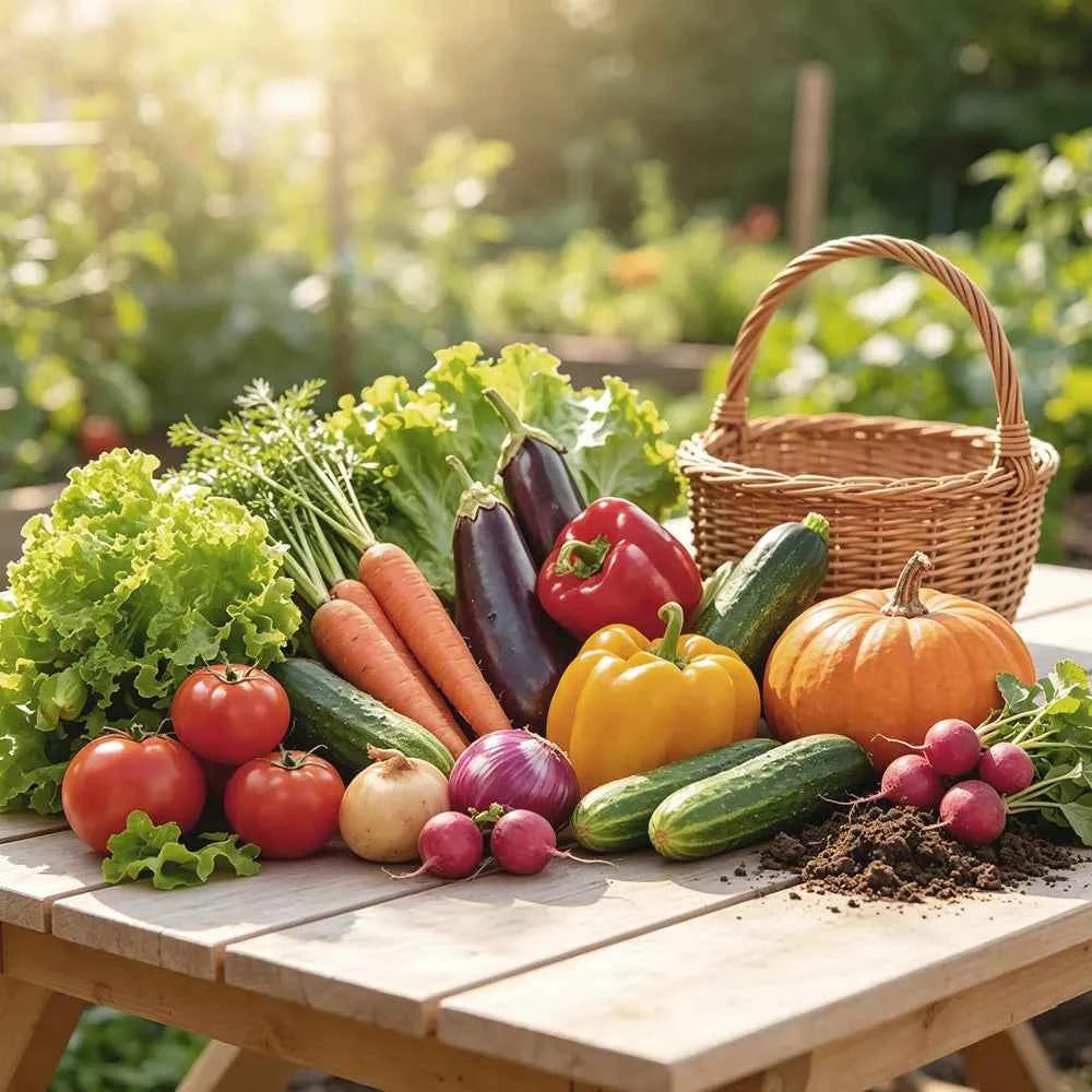 Seed Vault Kit harvest scene with mixed vegetables, pumpkin, and wicker basket