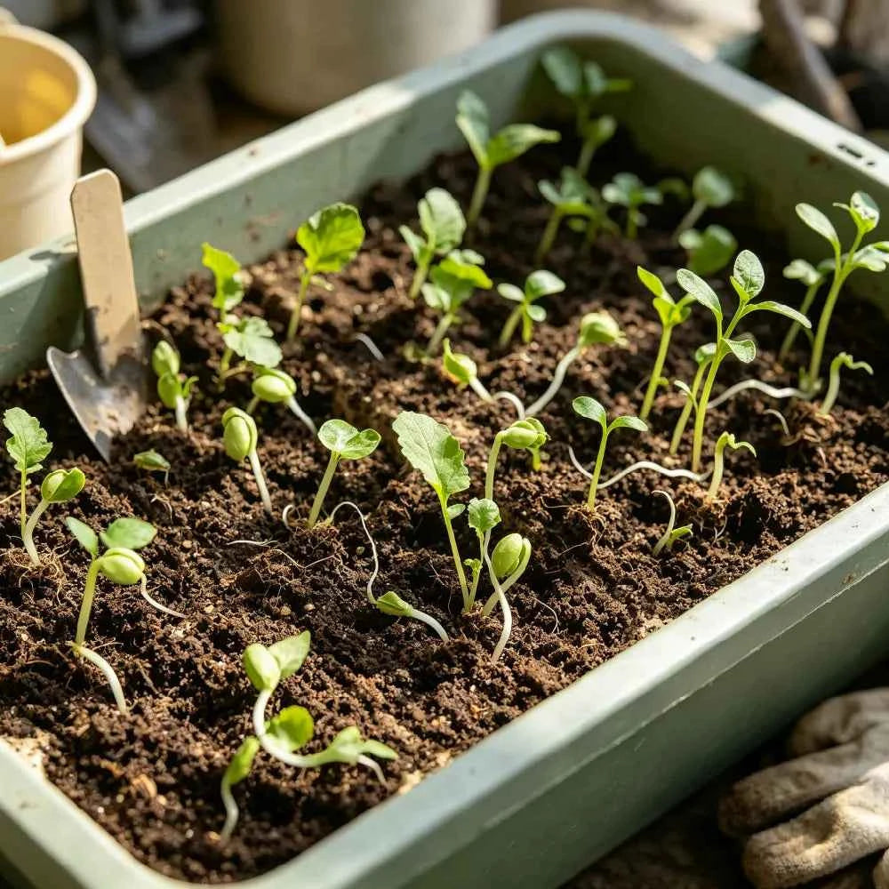 Seed Vault Kit seed-starting tray with rows of young leafy sprouts