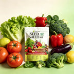 Blackiss Seed Vault Kit seed packet surrounded by assorted garden vegetables