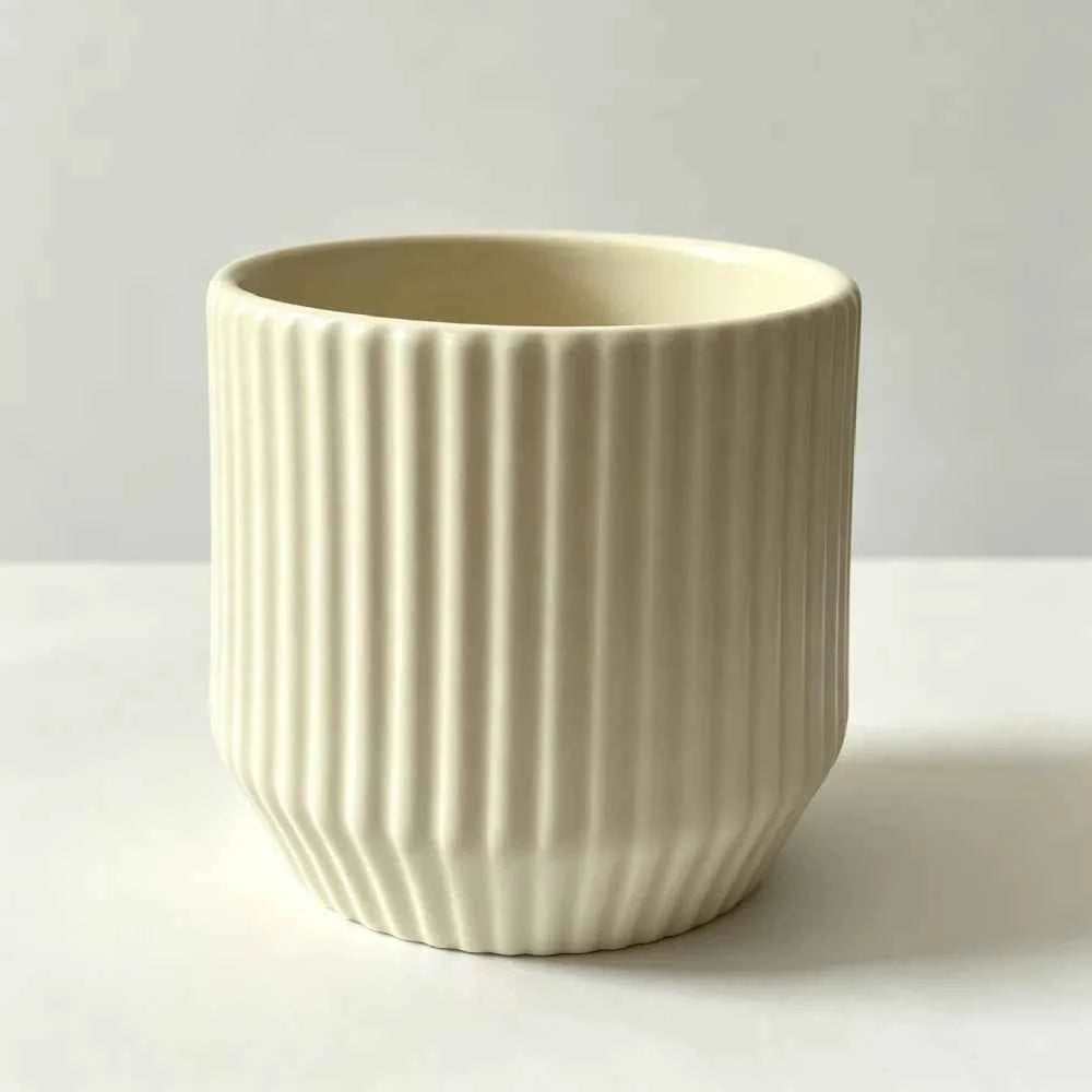 Cream ribbed ceramic planter pot, front view