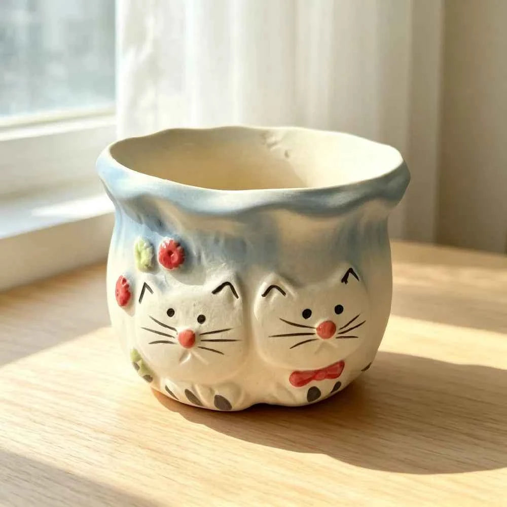 White ceramic cat planter with blue rim and painted whiskers