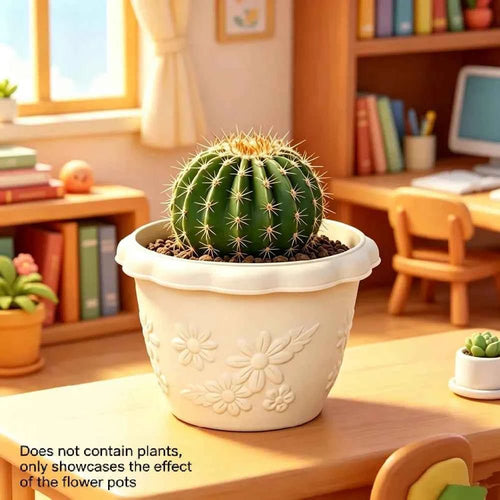 Cream embossed flower pot with flower pattern relief and wide rim for plants