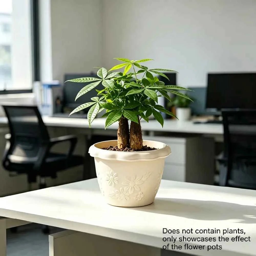 Cream embossed flower pot with floral relief, wide rim, suited for indoor plants