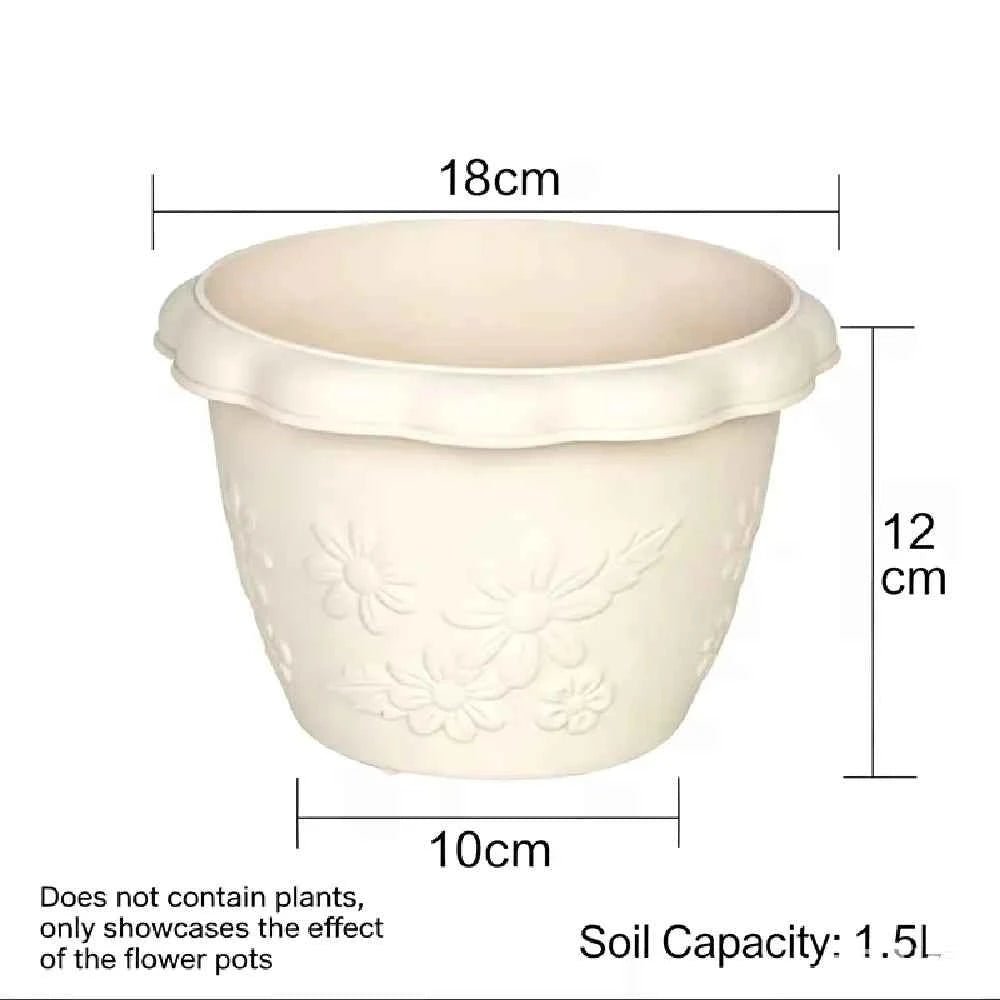 Cream embossed flower pot, 18cm diameter, 12cm height, 10cm base width