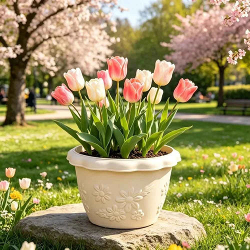 Cream embossed flower pot with floral relief, wide rim, holds small flowers