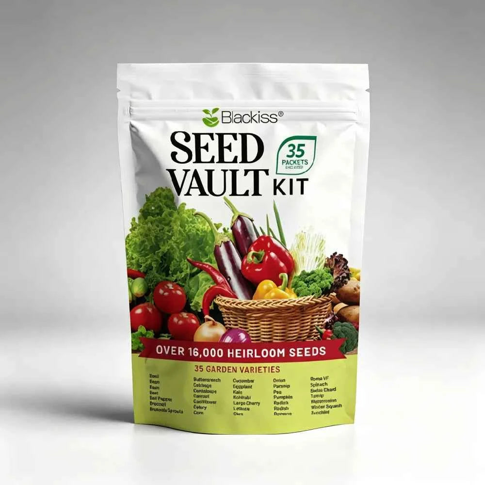 Blackiss Seed Vault Kit seed packet with 35 varieties and heirloom seed selection