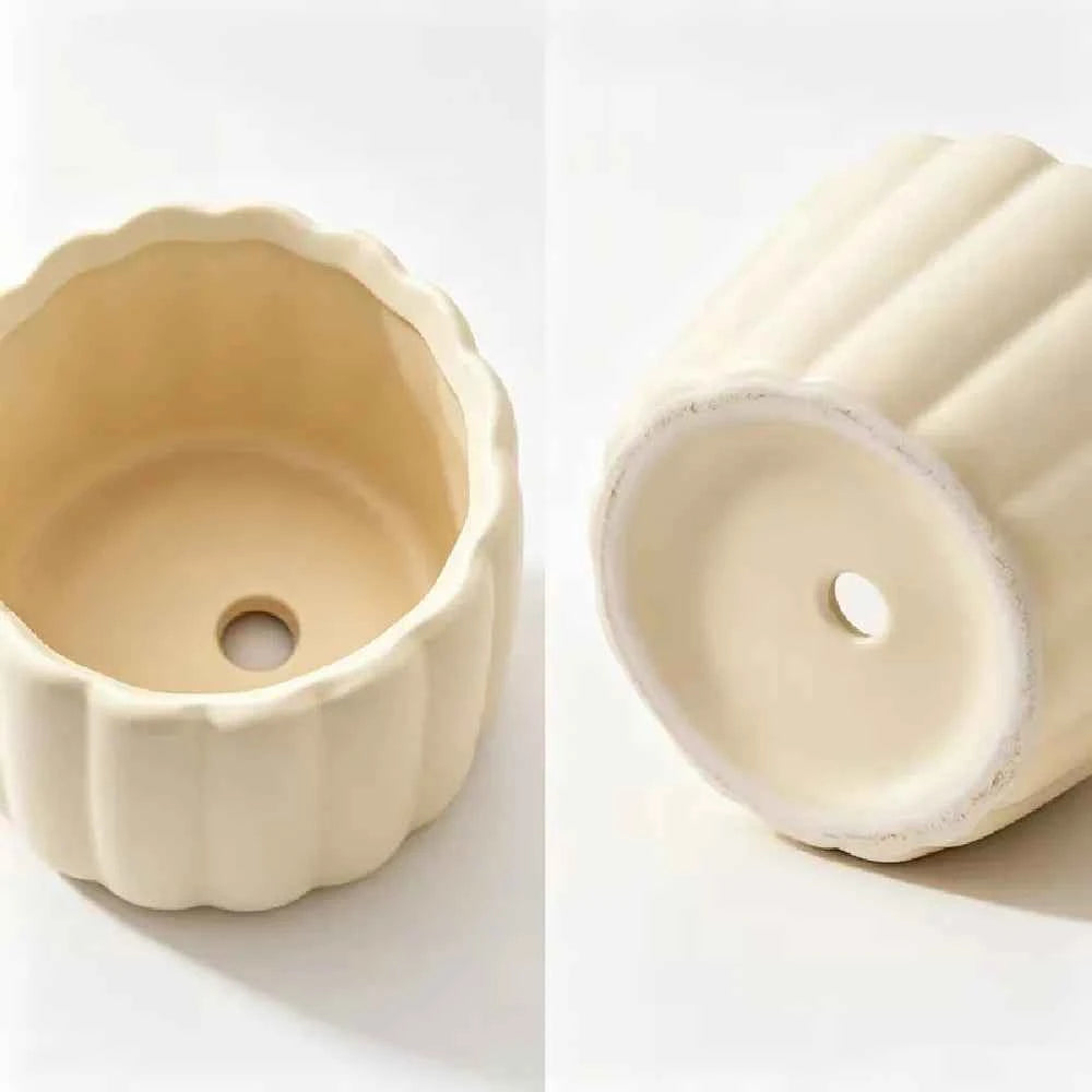 Cream ceramic planter base with drainage hole, underside view