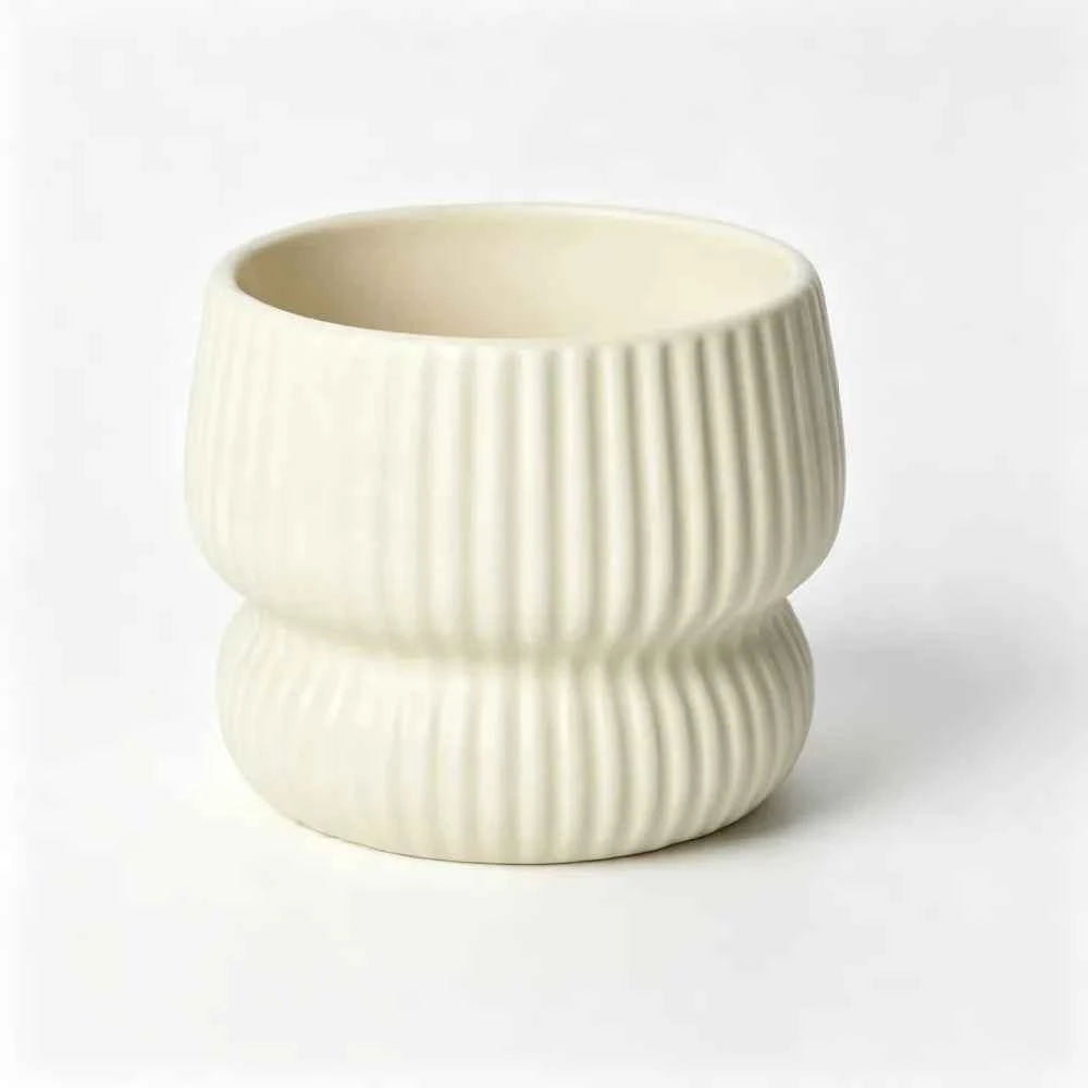 Cream ceramic ribbed planter vase with wide open top
