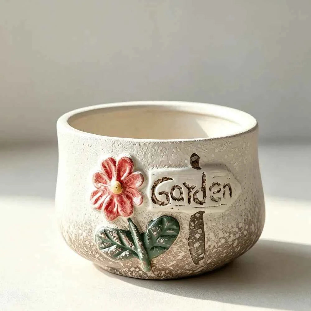 Speckled ceramic planter with Garden text and embossed red flower