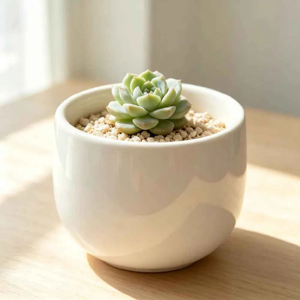 White ceramic planter with pale green succulent in gravel