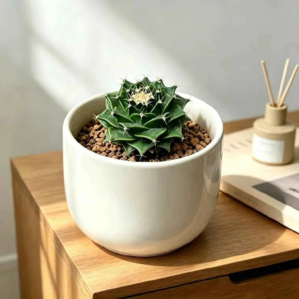 White ceramic planter with green cactus succulent in pebbles