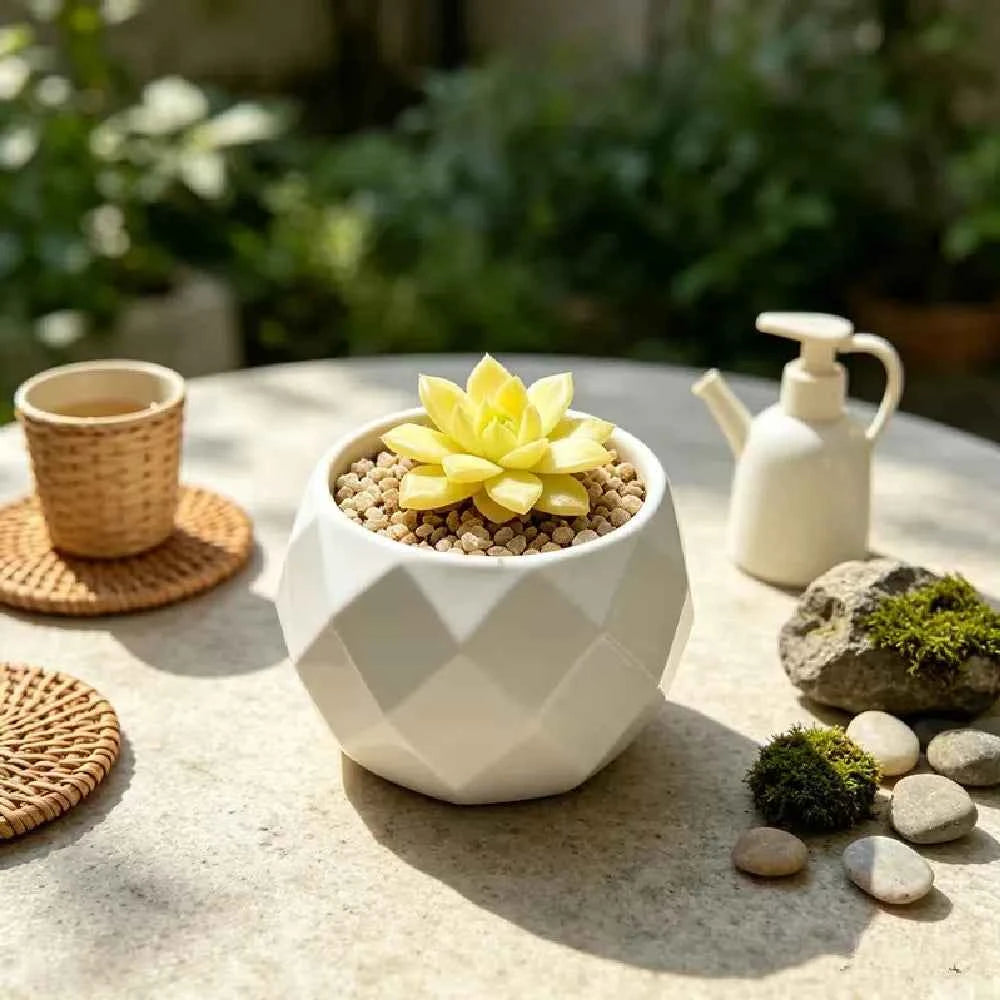 White geometric ceramic planter with faceted diamond pattern, filled with soil and yellow blooms