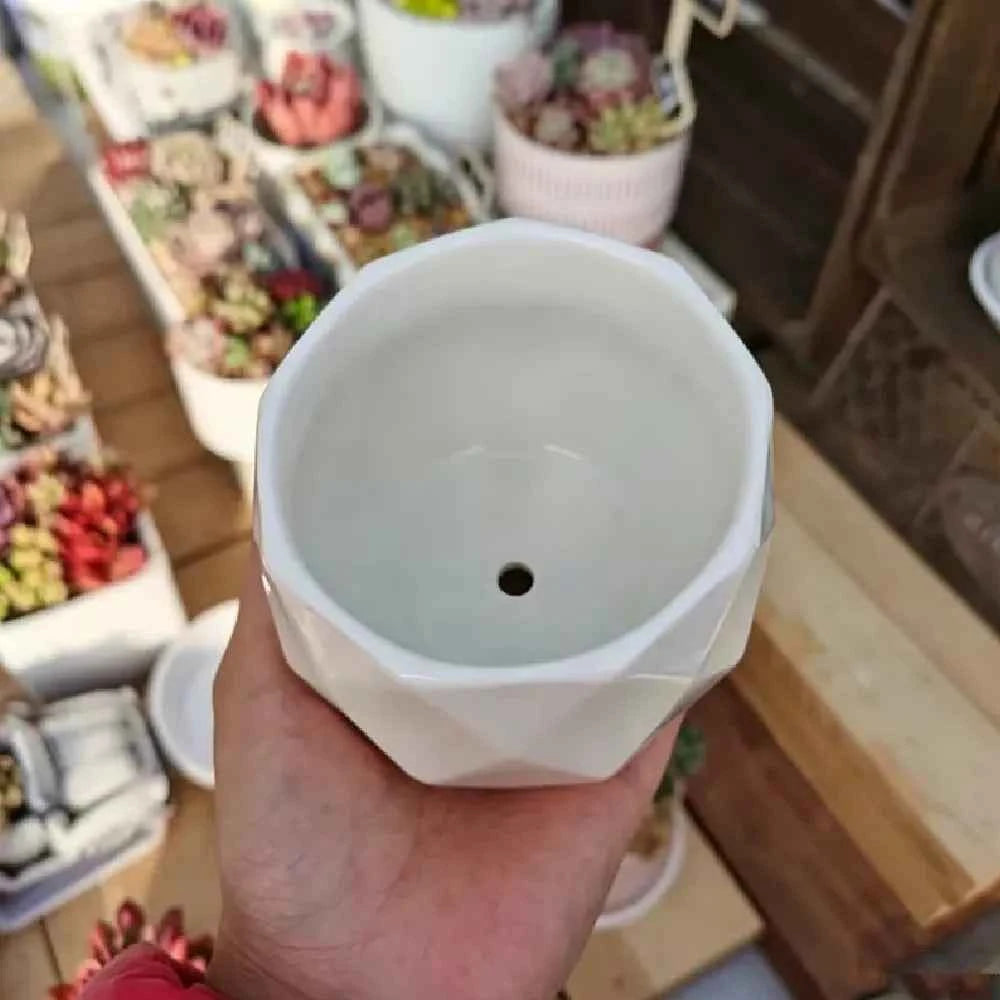 White geometric ceramic planter with drainage hole, faceted diamond shape held in hand