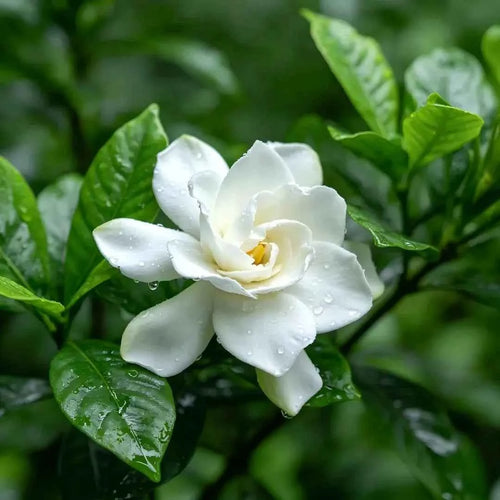 Cape Jasmine white five-petal blossom with yellow center and glossy green leaves
