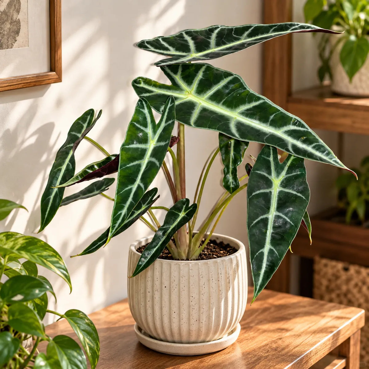 Potted Alocasia Bambino with dark green leaves and white vein patterns in ribbed beige pot