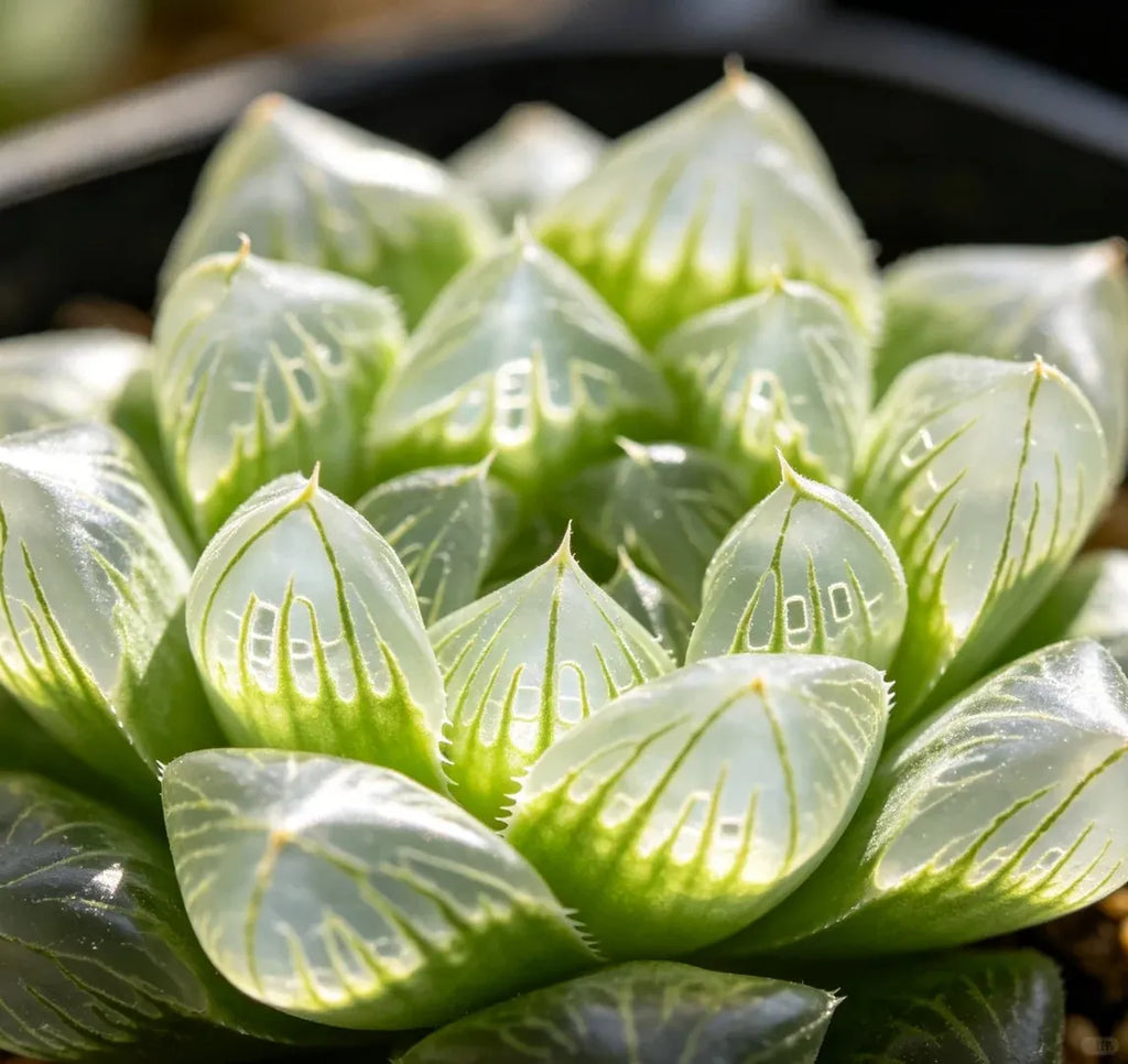 Haworthia cooperi Ice Lantern succulent close-up green and translucent leaves with spines