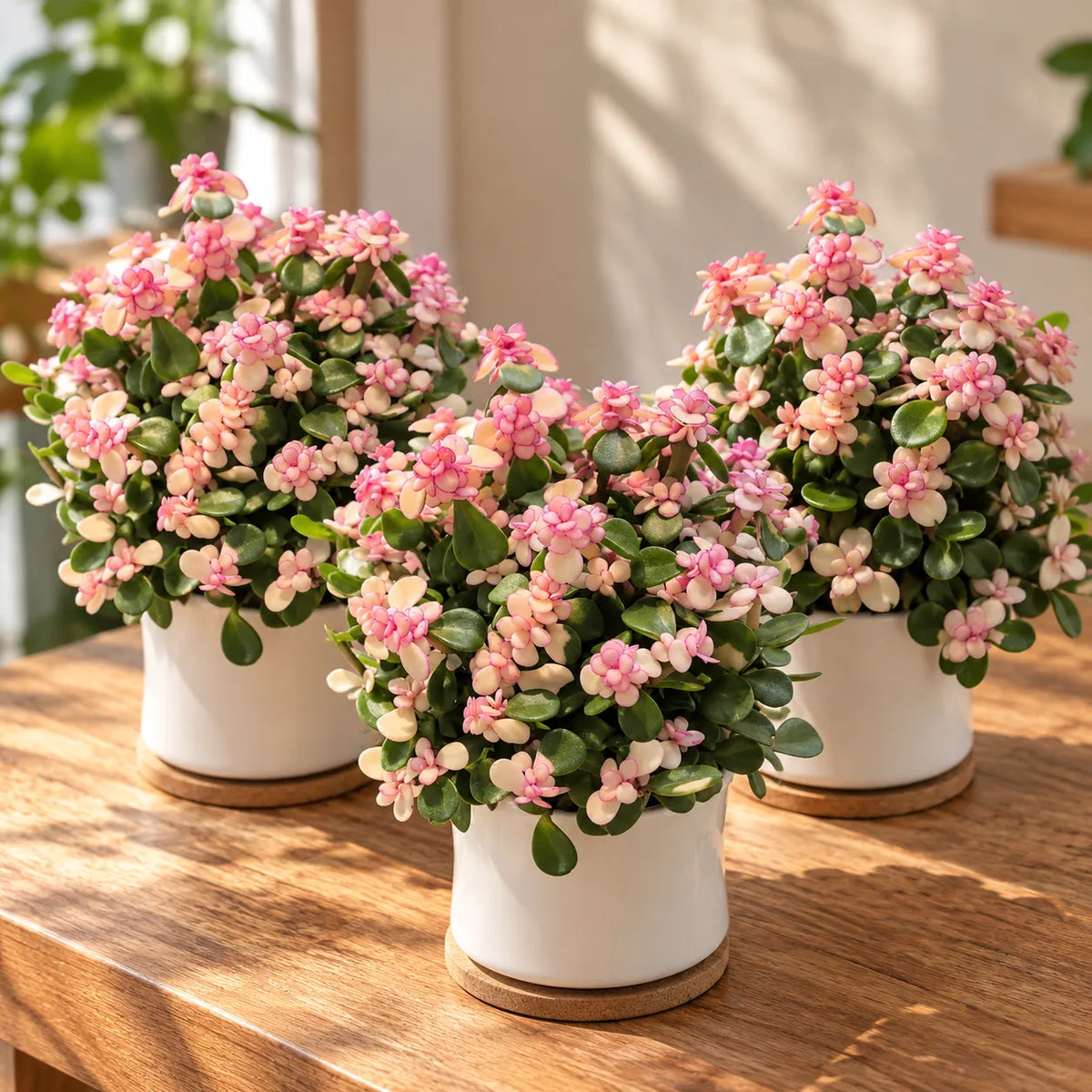 Variegated portulacaria afra succulent bundle in white pots with pink flower clusters