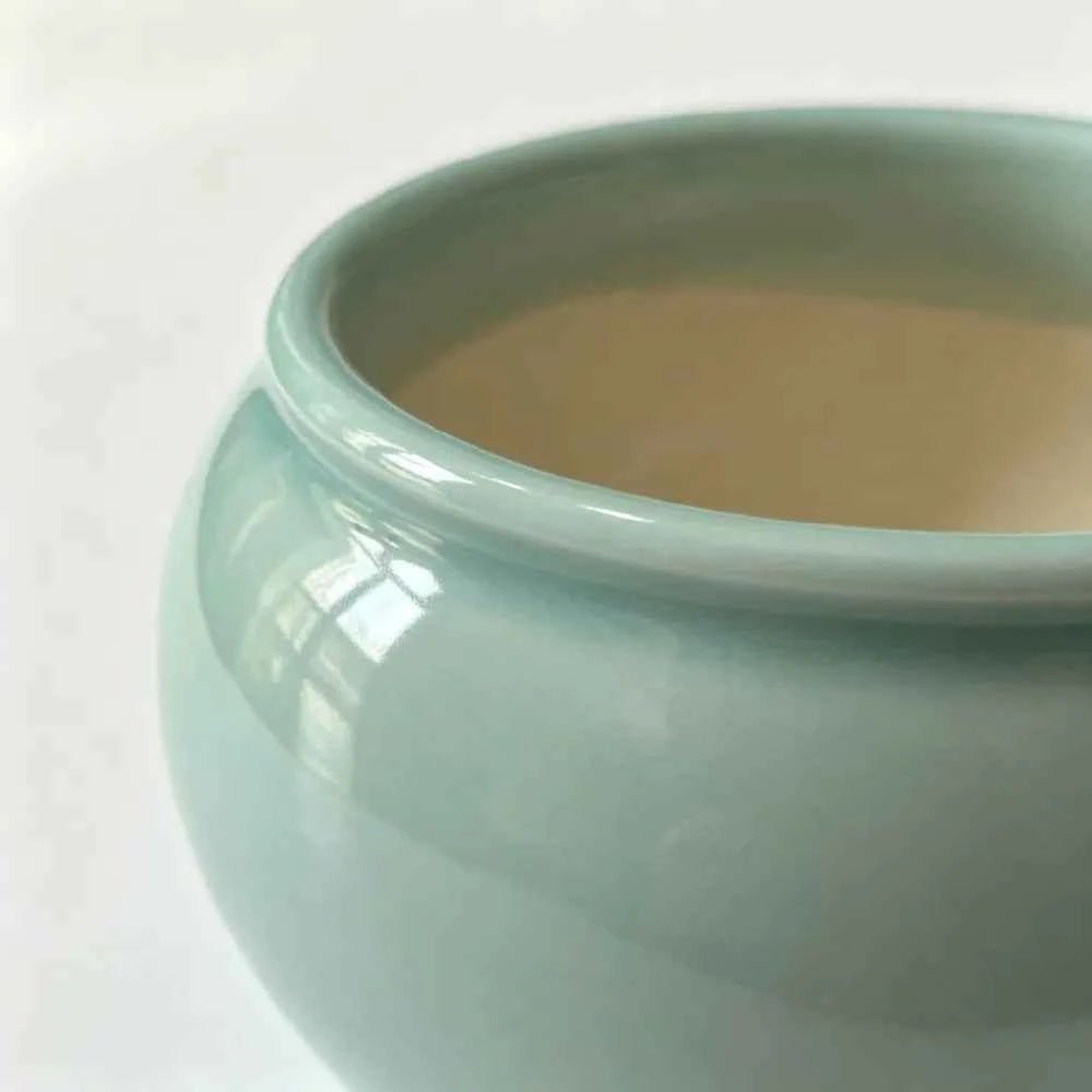 Teal bowl-shaped ceramic planter close-up, glossy finish, 3.5 in.