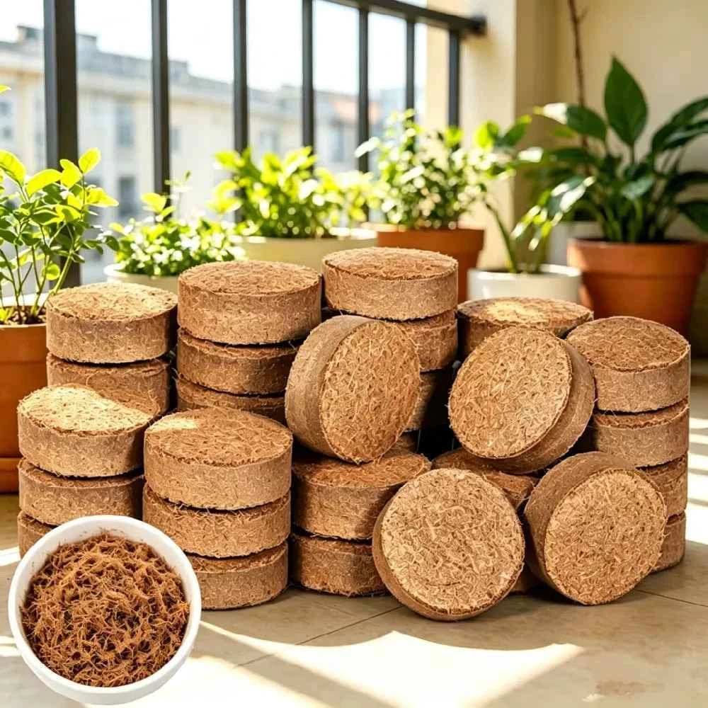 Stacked compressed coconut coir blocks with small bowl of loose brown fibers.