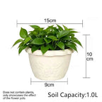 White embossed flower pot, 15cm wide, 10cm high, soil capacity 1.0L