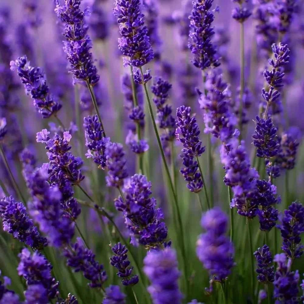 Purple lavender blossoms on green stems, dense close-up of flower spikes
