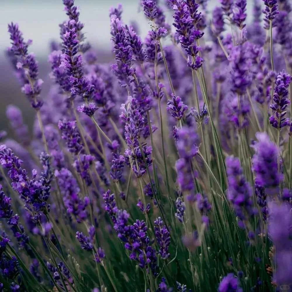 Lavender flower spikes in bloom with purple blossoms on green stems