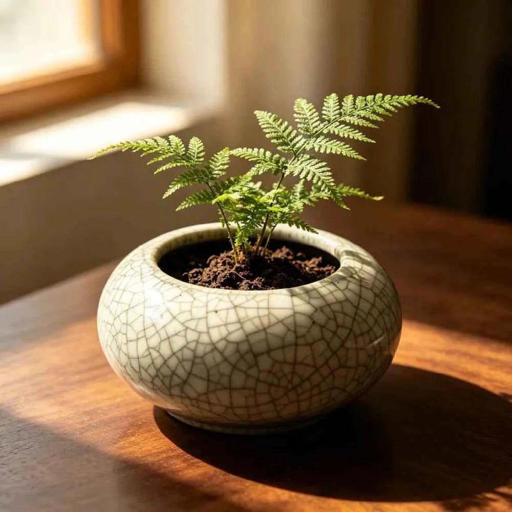 Low ceramic planter with cracked white glaze and small fern in soil