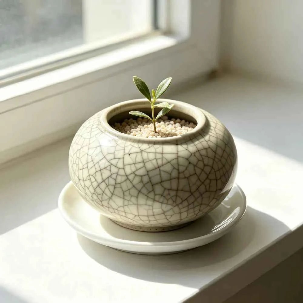 Low ceramic planter with cracked white glaze, sapling in soil, on white saucer