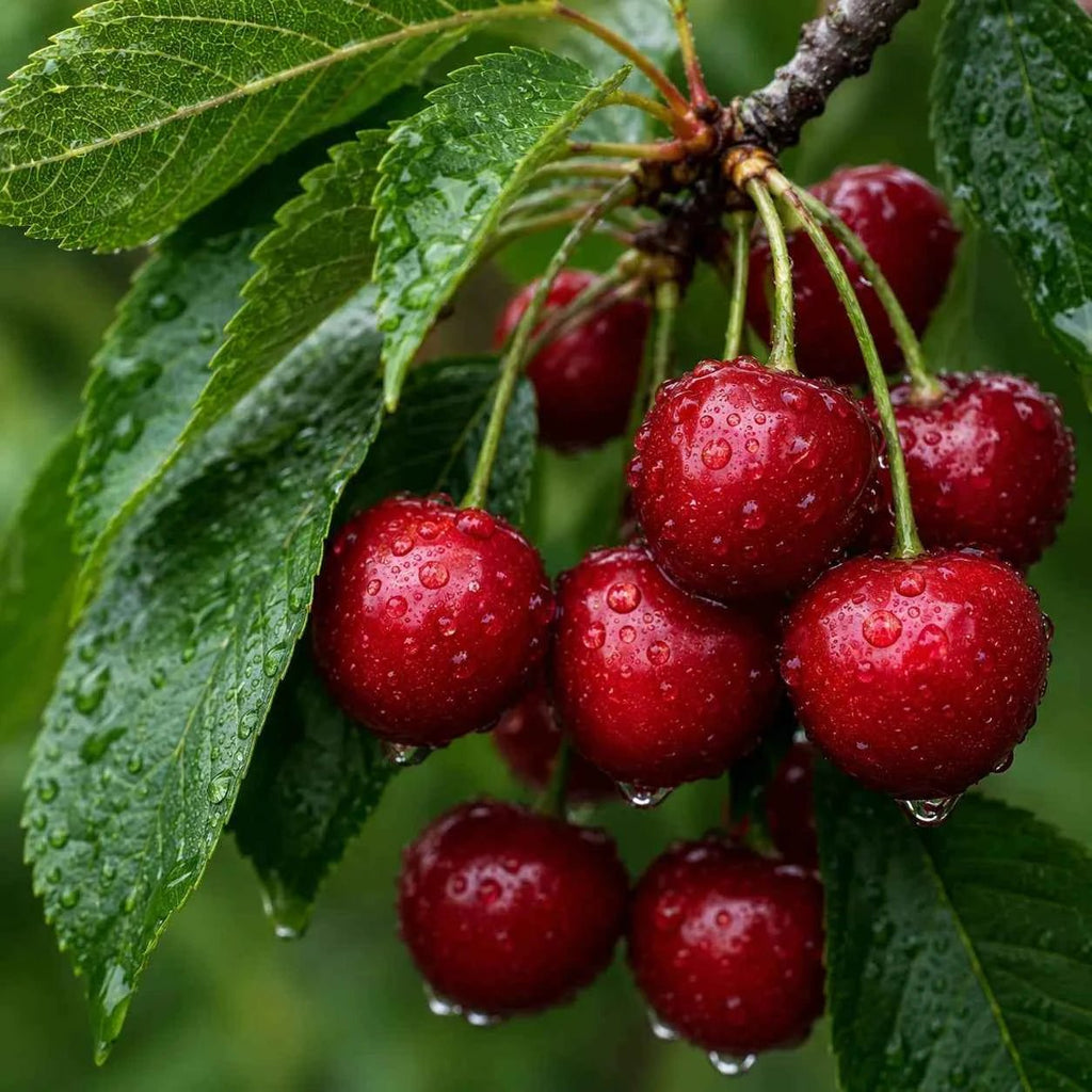 Cherry tree branch with red cherries and green leaves