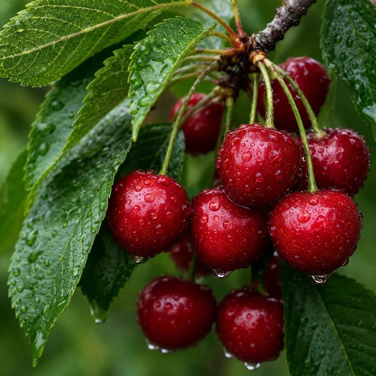 Cherry tree branch with red cherries and green leaves