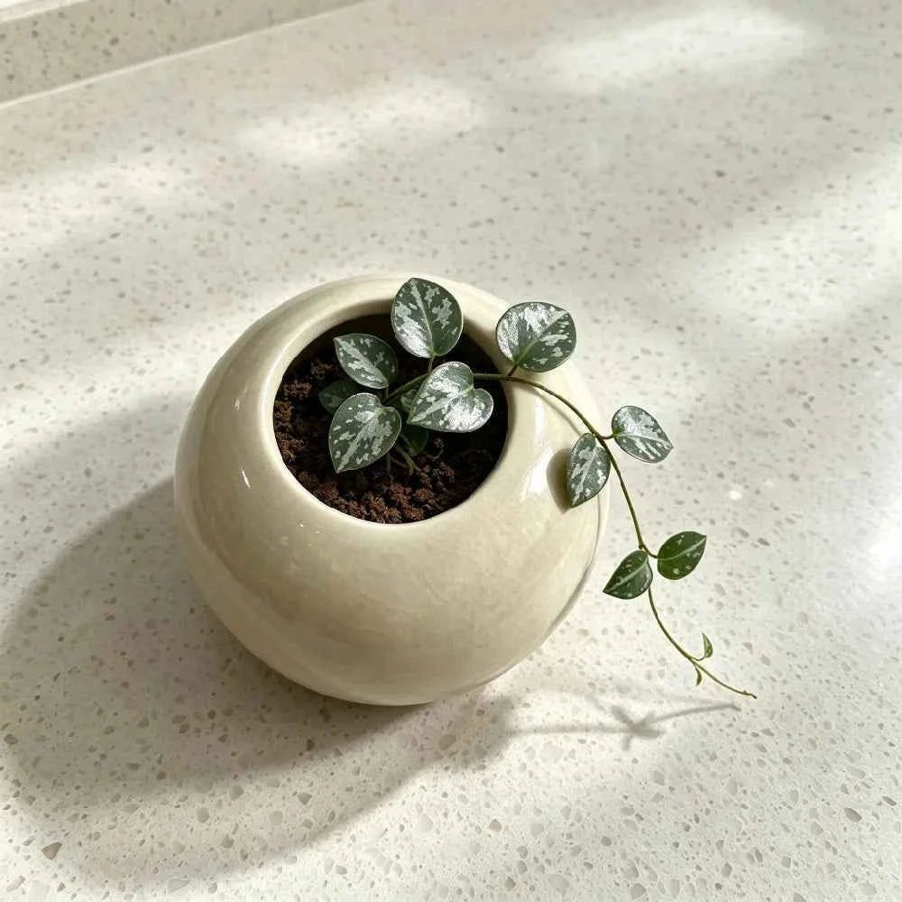 3-inch ceramic orb planter with dark soil and small variegated succulent