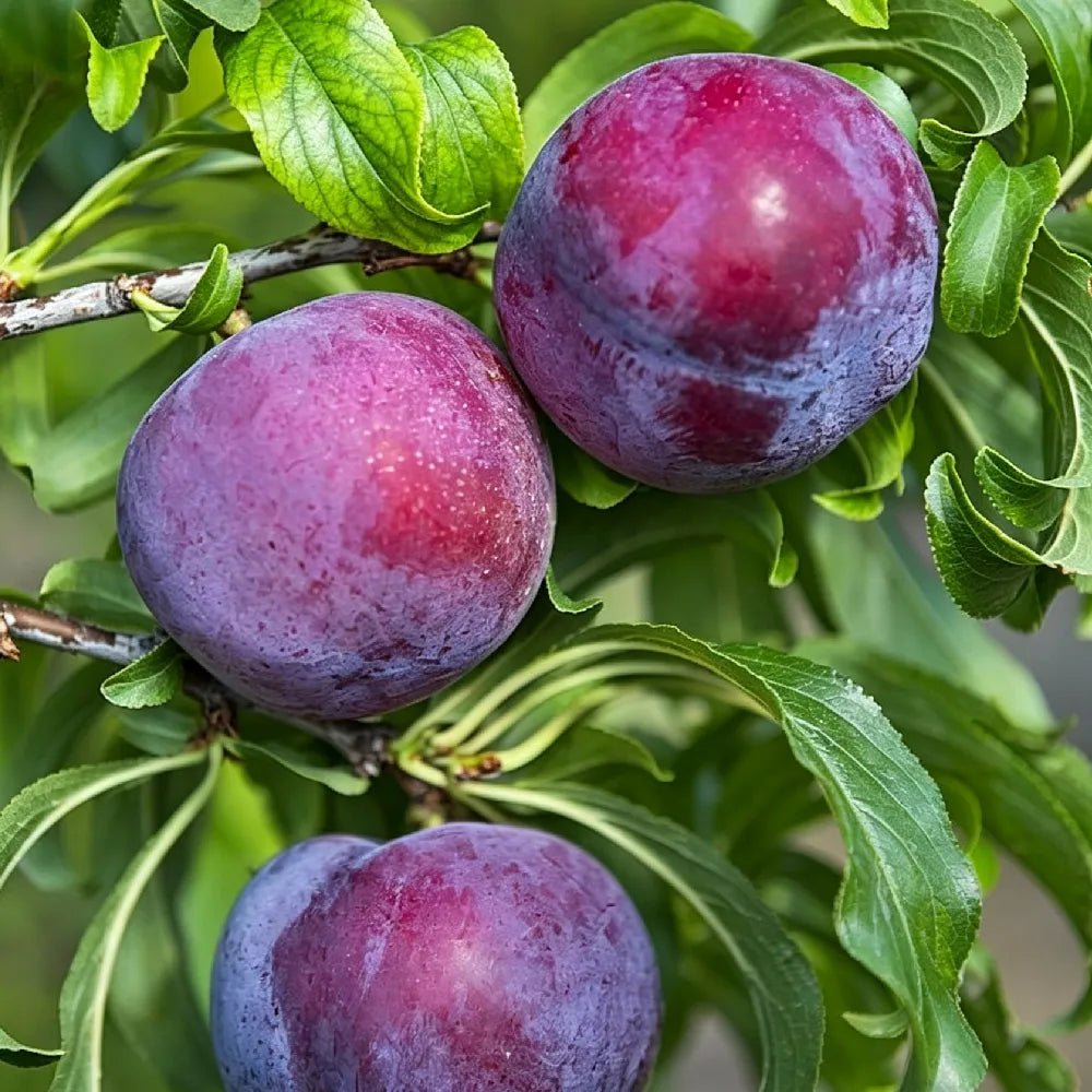Purple plums on tree branch with surrounding green leaves