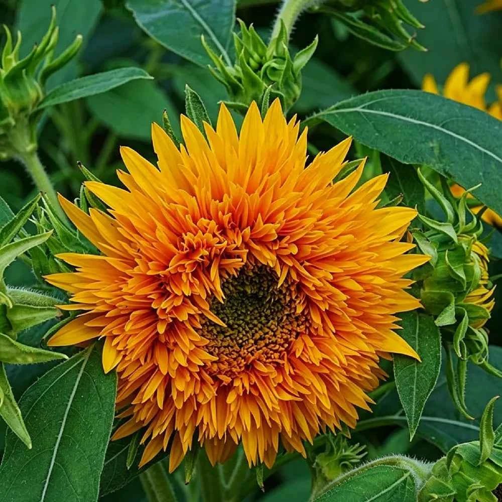 Large orange sunflower bloom with layered petals and dark center, green foliage