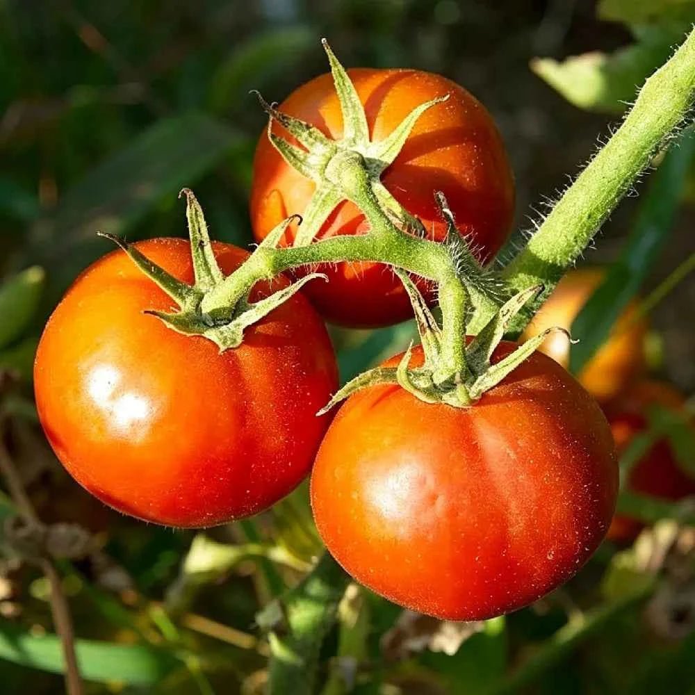 Tomato seed variety with glossy red-orange tomatoes on green vine stems
