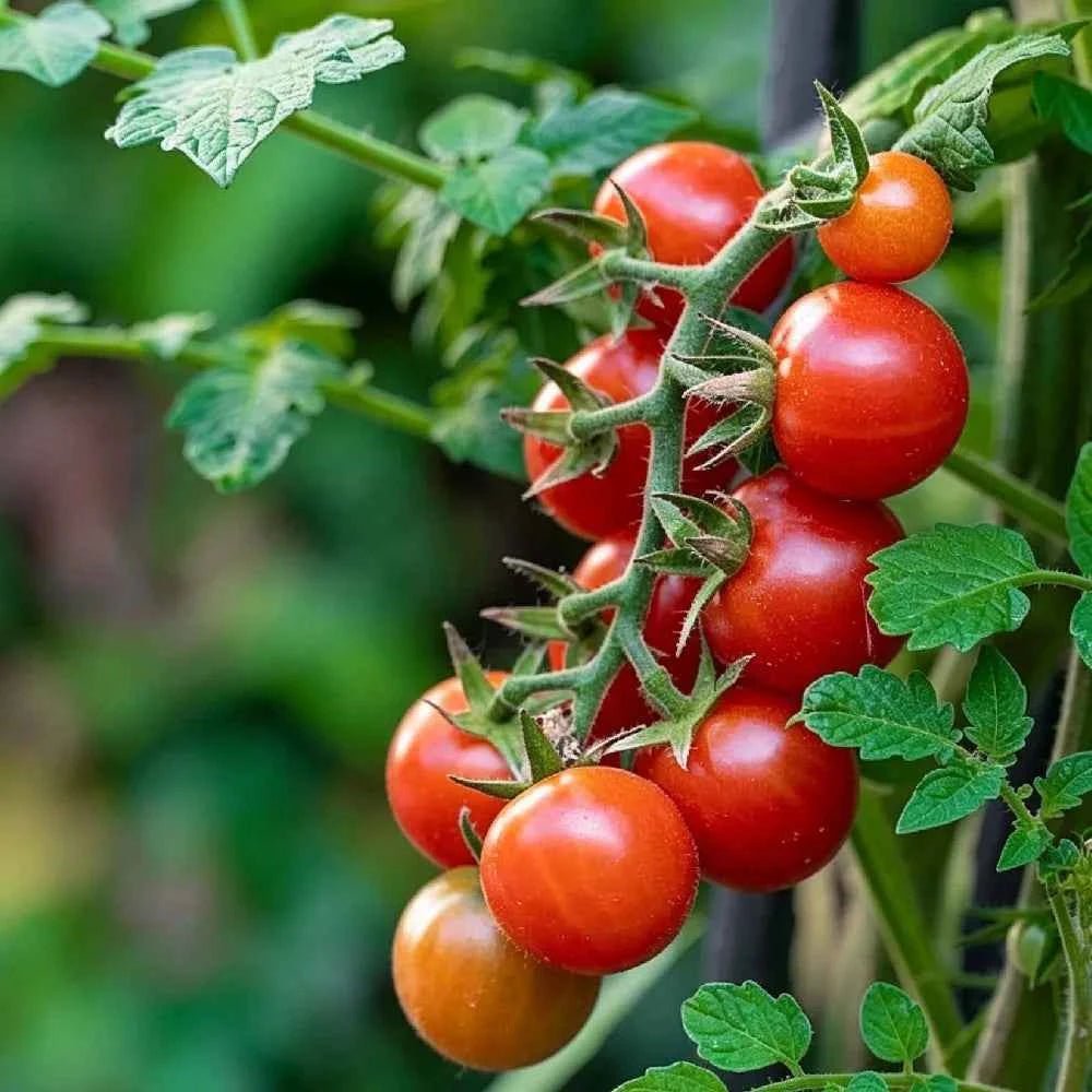Tomato seed variety with red and some yellow tomatoes on leafy vine cluster
